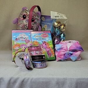 Hello Kitty GLITTER SQUISHMELLOW ribbon, hair bow, EGG DYE Easter basket Dvds